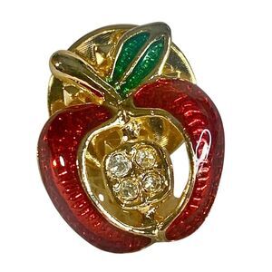 Red Enamel Shiny Red Apple Cut Out Center Clear Rhinestone Seeds Lapel Hat Pin